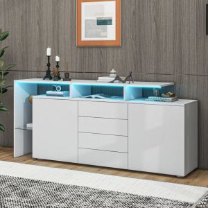 Redom - Commode, buffet avec led, meubles de salon en blanc brillant, meuble de salon, meuble sur pied, meuble tv, mur de salon, buffet haut, meuble