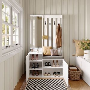 Ensemble de Meuble d'Entr&eacute;e 180x100x40 cm avec Miroir, 2 Portes, 4 Crochets, Meuble &agrave; Chaussures et Banc avec Coussin - Design Moderne, Blanc