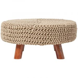 Grand Pouf tressé en tricot et pieds en bois - Beige - Homescapes