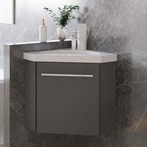 Ocean 39,5 x 39,5 x 42 cm Meuble de salle de bain anthracite avec vasque, meuble d'angle en forme de diamant pentagon, porte simple