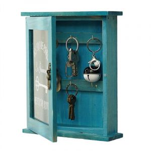 Tlily - BoîTe à CléS en Bois, RéTro, Murale, Armoire avec Porte MagnéTique, Rangement Bois 6 Crochets Bleu-A