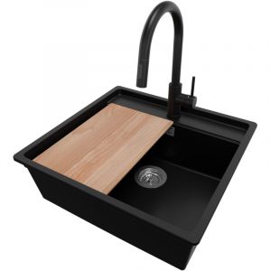 Primagran - Evier Sous Plan 56x53cm, Evier en Granit 1 bac + Robinet 40x20cm + Kit de Vidage + Planche à Découper, Évier au meuble 60cm - Bergen, Noir