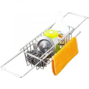 [JAMAIS UTILIS&Eacute;]Rangement Evier Cuisine, Porte-&eacute;ponge Extensible, &eacute;gouttoir T&eacute;lescopique Organisateur en Acier Inoxydable 23-47cm Porte-Serviettes