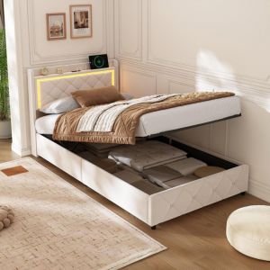 Lit simple 90x200 avec sommier &agrave; lattes, port de charge USB, t&ecirc;te de lit ouverte avec rangement, &eacute;clairage LED, velours, adapt&eacute; aux enfants,