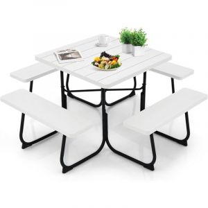 Table de Pique-Nique avec 4 Bancs Int&eacute;gr&eacute;s pour 4 &agrave; 8 Personnes, Table de Jadin en hdpe avec Trou pour Parasol, Table de Camping Carr&eacute;e en Plein Air,