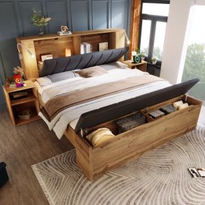 Lit adulte lit double 160x200 cm, liseuses et USB, t&ecirc;te en lin avec rangement, banquette coffre, 2 tables de chevet, cadre m&eacute;tal et bois, sans