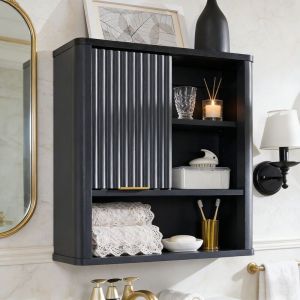 Armoire Murale de Salle de Bain Style Flut&eacute; avec Porte Coulissante, Armoire M&eacute;dicale Moderne avec Plateau Faux Marbre & &Eacute;tag&egrave;re R&eacute;glable, Profil