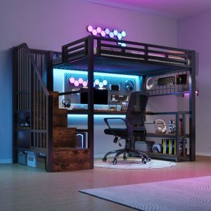 Lit mezzanine 90x200 cm avec bureau, &eacute;tag&egrave;res, rangements suspendus, &eacute;clairage LED, escalier tiroirs, 2 USB + Type-C, m&eacute;tal, noir