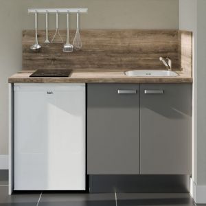 Cuisibane - Kitchenette K17L-PT - 140 cm avec plan de travail et évier - Façade Gris - Plan Bois - Evier Inox - Crédences Oui