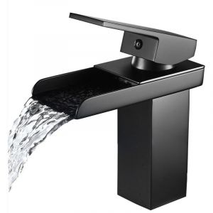 Ymyny - Robinet de lavabo cascade, robinet de salle de bain en chrome noir, robinet de lavabo en laiton à trou unique, robinets de salle de bain de
