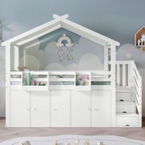 Hauss Spole &ndash; Lit mezzanine 90x200 cm enfant &ndash; 1 armoire et 2 casiers de rangement &ndash; &Eacute;chelle lat&eacute;rale &ndash; Pin et MDF blanc &ndash; Certifi&eacute; EN-747