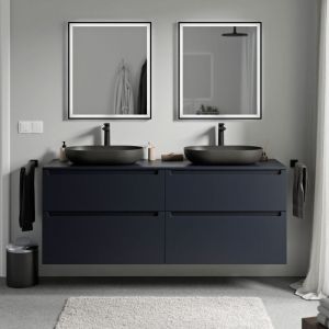 Bernstein - Meuble sous vasque suspendu salle de bain mdf & plan vasque Bleu nuit mat, tiroirs passe-main pivotants - 160x46x62cm - vireo Bleu nuit