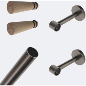 Boulet - Kit de tringle à rideaux Carbone 200cm Diam.20mm Embout Cône Bois - Fixation Mur
