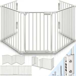 Kiduku - Barrière de sécurité enfant Gris - grande version 305 cm Grille de protection métal - pliable avec porte inclus 5 éléments - Pré-assemblé