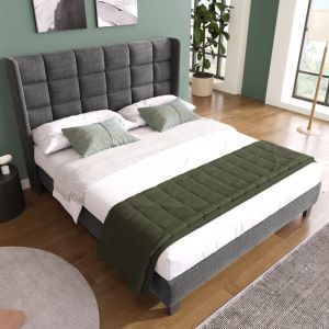 Lit adulte 140x200 cm lit double rembourré avec tête de lit capitonnée et sommier à lattes en bois, tissu en lin, gris, sans matelas