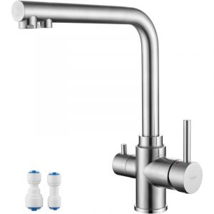 Robinet de Cuisine 3 Voies, Mitigeur &Eacute;vier avec Deux Sorties D'eau Rotatif &agrave; 360&deg;, Robinetterie D'eau Potable &agrave; 2 Poign&eacute;es, Acier Inoxydable, Bross&eacute;