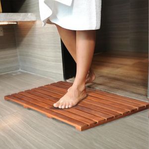 Tapis de bain en teck 80x48cm, tapis de douche en bois, pieds en caoutchouc antid&eacute;rapants, enroulable, int&eacute;rieur, salle de bain, douche, spa, sauna