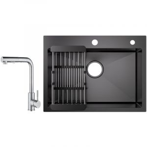 Cecipa Évier 1 Bac Inox avec Panier de Drainage - Évier de Cuisine Noir 60×45×18 cm + Mitigeur Cuisine avec Douchette Extractible - 2 Jets aux Choix