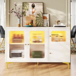 Modfu - Buffet 140x40x90cm, vitrine avec éclairage d'ambiance intégré, porte vitrée et grand espace de rangement, blanc