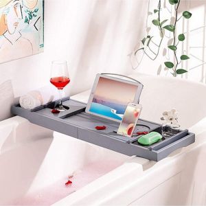 Skecten - Pont bambou tablette extensible salle de bain plateau baignoire planche livre 75-105 cm gris