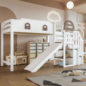 Lit mezzanine simple pour enfant 90x200cm avec toboggan, &eacute;chelle avec rangement, pin + MDF, sans matelas, blanc + marron