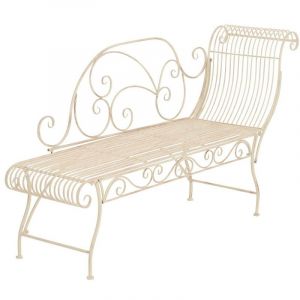 Banc de jardin banquette design en fer forg&eacute; cr&egrave;me vieilli dossier c&ocirc;t&eacute; droit 156x46 cm MDJ10192