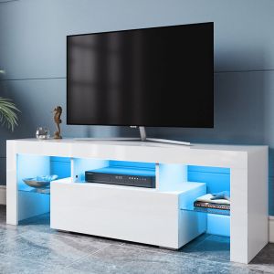 Meuble tv Blanc Laqué, Meuble tv led de 16 Couleurs, rangement de 4 Compartiments, Meuble Télé pour Chambre, Moderne