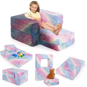 Costway - Canapé Enfant Lumineux (Brillant dans Le Noir) avec Motif Licorne, Fauteuil Enfant Convertible en Tissu Flanelle avec Housse Lavable,