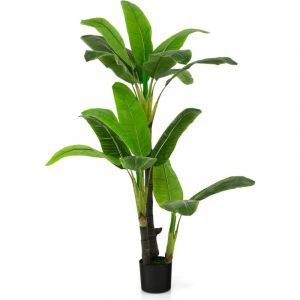 GOPLUS Bananier Artificiel de 152,4 cm de Haut, Faux Arbre Tropical avec 18 Grandes Feuilles, 3 Troncs et Mousse Réaliste, Fausse Plante à Feuilles