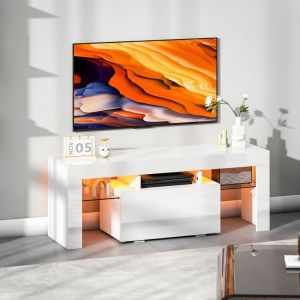 Meuble TV, meuble t&eacute;l&eacute; avec &eacute;clairage LED RGB, haute brillance, &eacute;tag&egrave;res en verre tremp&eacute;, 120x34x45cm, blanc