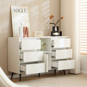 Hauss Spole - Buffet/commode brillant, éclairage led, 6 tiroirs, pieds en métal noir mat, 120x40x80 cm, blanc