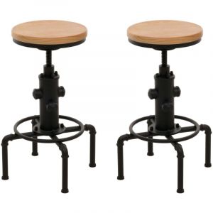 HHG - jamais utilis&eacute;] Lot de 2 tabourets de bar 970, tabouret de bar r&eacute;glable en hauteur pivotant repose-pieds industriel fer massif-bois, naturel