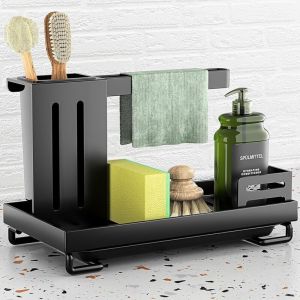 Organiseur d'&eacute;vier noir, organiseur d'&eacute;vier de cuisine, organiseur d'&eacute;vier renforc&eacute;, porte-&eacute;ponge en acier inoxydable, porte-torchon, porte-chiffon