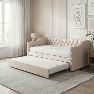 Lit Banquette Gigogne 90x200cm Design Chesterfield - Canap&eacute;-lit 2 en 1 en Tissu lin Beige Capitonn&eacute;(90x200cm, Beige)