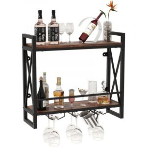 GOPLUS &Eacute;tag&egrave;re &agrave; Vin Murale, 2 Niveaux pour 14 Bouteilles, 9 Porte-Verres &agrave; Vin ou 6 Tasses, &Eacute;tag&egrave;re de Rangement Suspendu pour Bar &agrave; Domicile, Salle