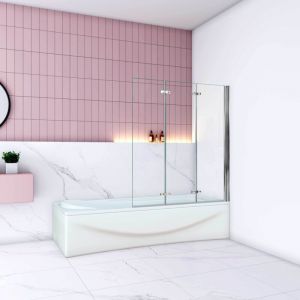 Aica Sanitaire - Pare-baignoire 130cm Hauteur 140cm, paroi de baignoire pivotante et pliante, 3 volets, &eacute;cran de douche en verre anticalcaire