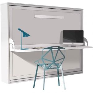 Les Tendances - Lit escamotable avec bureau 140x190 blanc satin&eacute; p 35 Kinoa