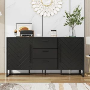 Tanant - Buffet avec 2 portes et 3 tiroirs 145x40x70 cm - structure noire, poign&eacute;es noire, Commode chambre, Meuble Tiroir Rangement, Scandinave - Noir