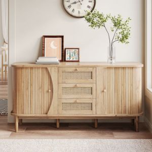 Buffet de salon, buffet boies avec portes coulissantes et 3 tiroirs en rotin, &eacute;tag&egrave;res r&eacute;glables, plateau arrondi