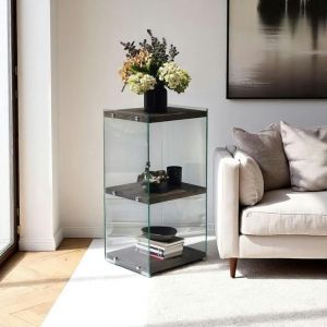 Colonne vitrine design - bois gris fonc&eacute;, 3 plateaux LHASA