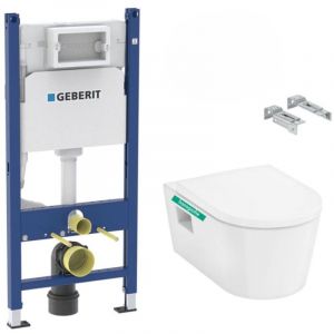 Pack WC Bati-support Geberit Duofix + WC sans bride EluPura Original S + Abattant soft close + Plaque blanche (EluPuraSGeb3)