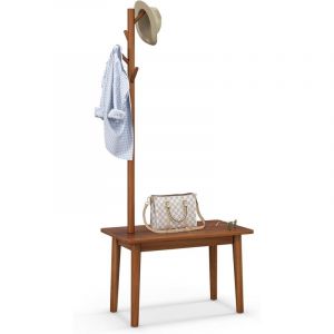 Goplus - Porte-Manteau Bois avec Banc, Porte Manteau d'Entr&eacute;e avec Table d'Appoint, 4 Crochets Arrondis, en Bois, pour Chapeau,pour Chambre, Salon,