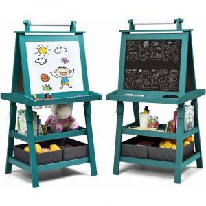 Chevalet pour Enfants 3 en 1 Tableau de Dessin Magnétique Double Faces (Tableau Blanc + Tableau Noir) avec Rouleau de Papier, 2 Etagères, 2 Boîtes de