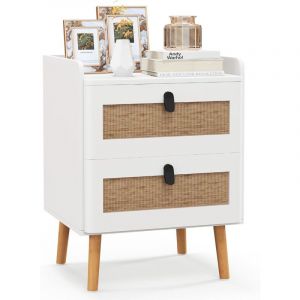 Commode 2 Tiroirs, Table de Chevet avec Pieds en Bois Massif, Poignée Noir Design, Tiroir en Rotin Bohème, Petite Commode Scandinave, Blanc(2