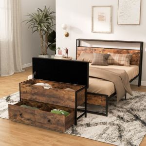 Banc de Rangement Ottoman Coussin Rembourré Coffre de Rangement Rabattable 2 Tiroirs en Bois Charnière de Sécurité Supporte 150 kg Marron CW8765