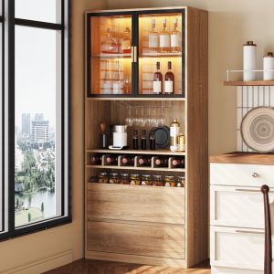 Vitrine 180 cm, meuble de rangement avec 2 tiroirs, 2 portes en verre, &eacute;clairage LED r&eacute;glable, casier &agrave; bouteilles - Couleur Bois