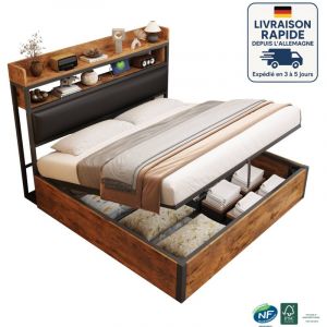 Lit 180x200 - Lit coffre- simili cuir - Design vintage en bois et m&eacute;tal - Port de chargement USB - hydraulique - Noir