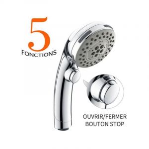 Pommeau de Douche Chrom&eacute; avec Bouton Stop Douchette &agrave; Main 5 Jets au Choix Pomme de Douche Picots Anticalaire Type Universel