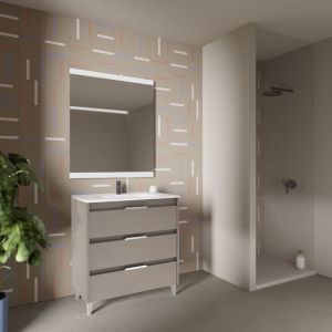 Amizuva - suki 80 Meuble simple vasque avec trois tiroirs, effet Fum&eacute; sabl&eacute; Il comprend la vasque en c&eacute;ramique. (Sans miroir)