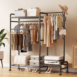 Portant a roulettes vetement, M&eacute;tal autoportante Portant vetement solide Cintre &agrave; double piste + compartiment de rangement &agrave; 2 couches 150 x 37 x